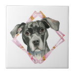 "All Ears" 2 Pit Bull Dog Watercolor Painting Tile<br><div class="desc">This is a watercolor painting of a black pit bull dog. She has her head tilted slightly and looking upwards. She has brown eyes. I then added this square frame digitally in faux gold and pink colours.</div>