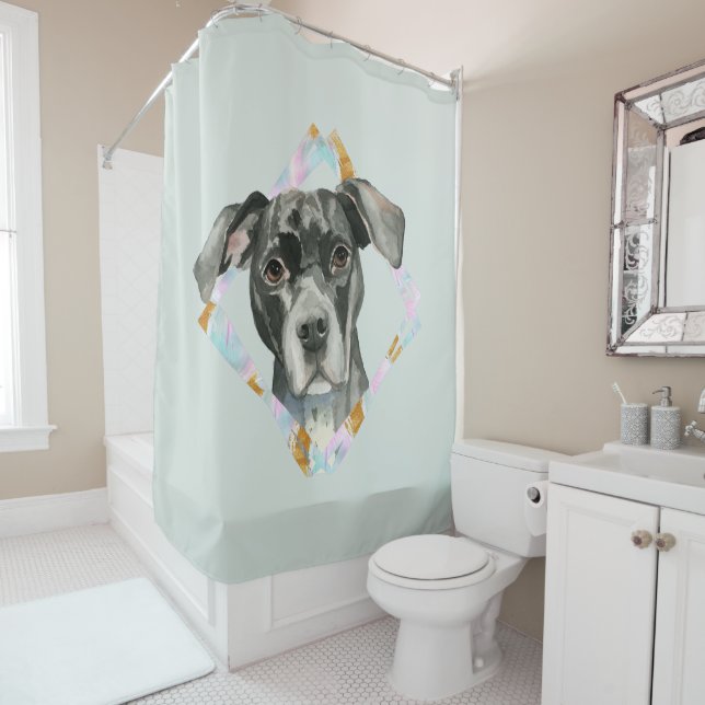 "All Ears" Pit Bull Dog Watercolor Painting Shower Curtain (In Situ)