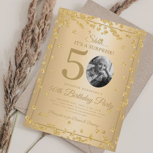 All Gold SURPRISE Photo 50th Birthday Glam Invitation
