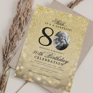 ALL GOLD SURPRISE Photo Glam 80th Birthday  Invitation