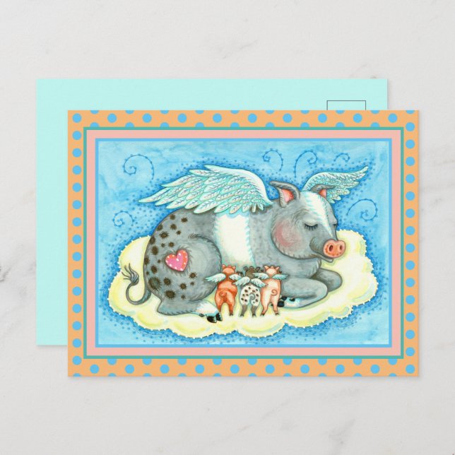 ALL GOOD PIGLETS GO TO HEAVEN, CUTE PIG ANGELS POSTCARD (Front/Back)