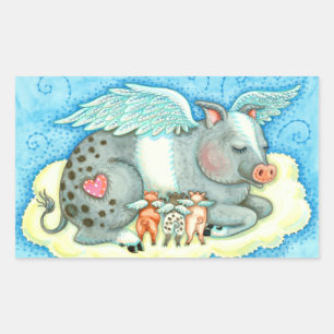 ALL GOOD PIGLETS GO TO HEAVEN, CUTE PIG ANGELS RECTANGULAR STICKER