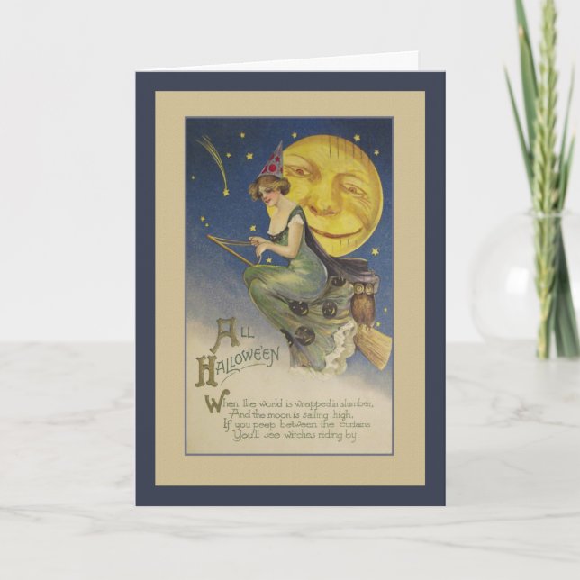All Halloween Flying Witch Full Moon Greeting Card (Front)