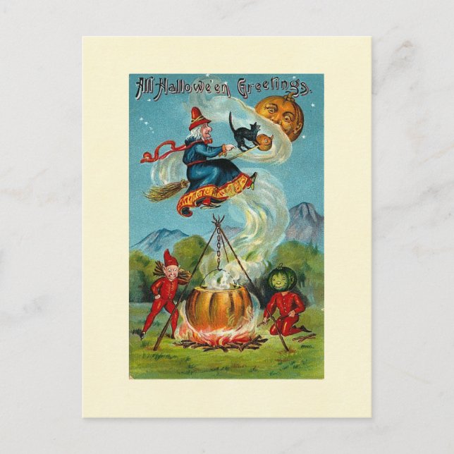 All Halloween Greetings Flying Witch Postcard (Front)