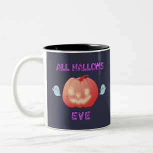 All Hallows Eve Halloween Pumpkin and Ghosts Two-Tone Coffee Mug