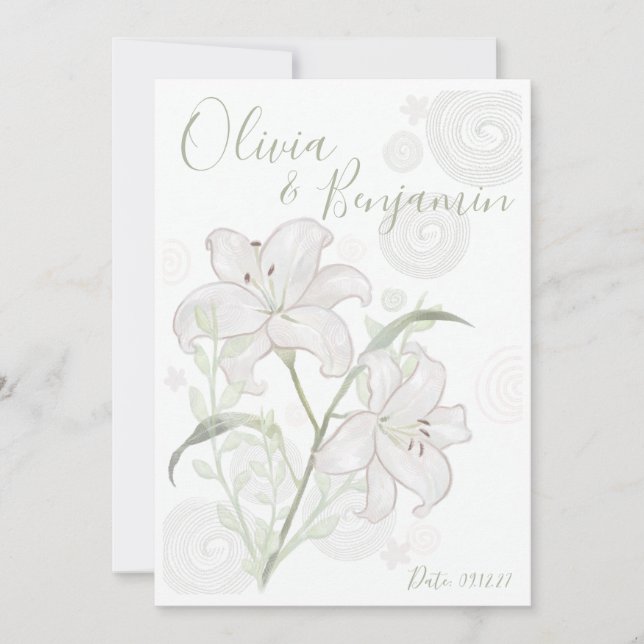 All Hand-Drawn White Lily Wedding Invitation (Front)