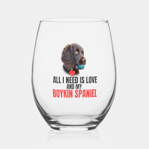 All I Need is Love-Customised Boykin Spaniel  Stemless Wine Glass
