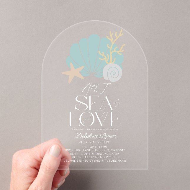 All I Sea is Love Blue Seashells Bridal Shower Acrylic Invitations (Insitu (Handheld))