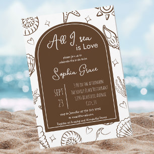All I Sea is Love Brown Seashells Doodles  Invitation