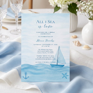 All I Sea Is Love Coastal Blue Sailboat Art Invitation