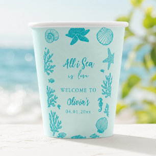 All I Sea Is Love Coastal Boho Shell Aqua Art Paper Cups