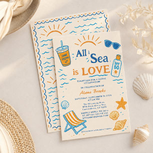 All I Sea Is Love Coastal Bold Beach Orange Art Invitation