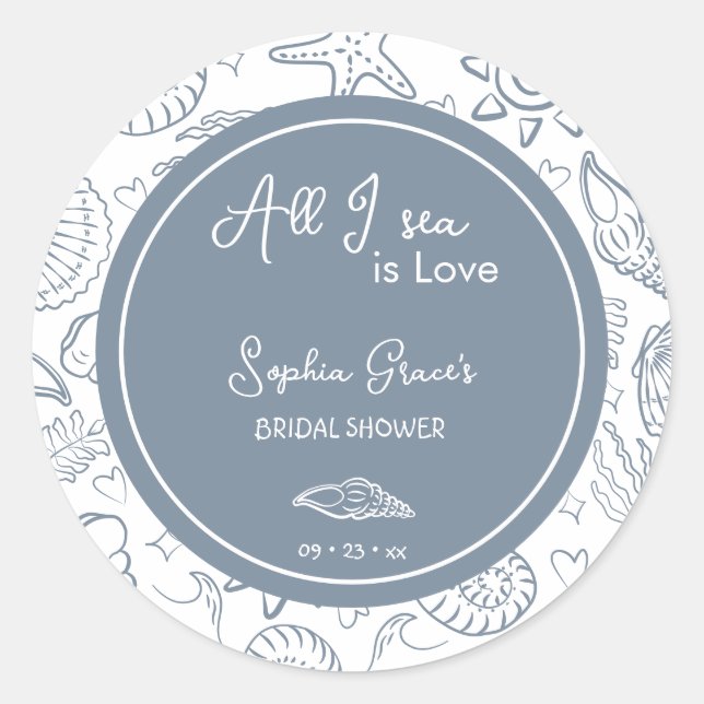 All I Sea is Love Dusty Blue Seashells Doodles  Classic Round Sticker (Front)