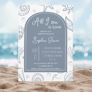 All I Sea is Love Dusty Blue Seashells Doodles  Invitation
