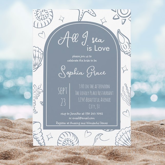 All I Sea is Love Dusty Blue Seashells Doodles  Invitation (Creator Uploaded)
