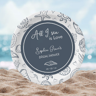 All I Sea is Love Navy Blue Seashells Doodles  Paper Plate