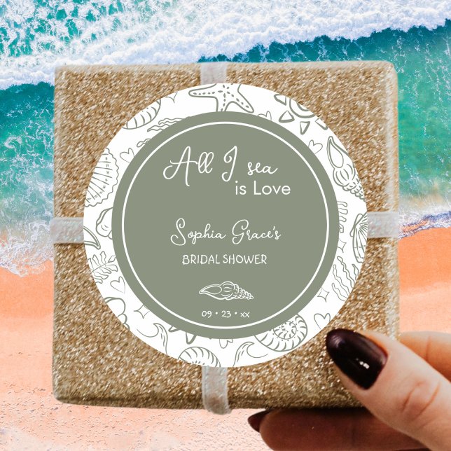 All I Sea is Love Sage Green Seashells Doodles  Classic Round Sticker (Creator Uploaded)