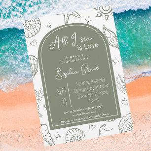 All I Sea is Love Sage Green Seashells Doodles  Invitation