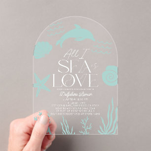 All I Sea is Love Turqouise Dolphin Bridal Shower Acrylic Invitations