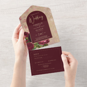 All-in-1 Burgundy Roses Vintage RSVP + Wedding All In One Invitation