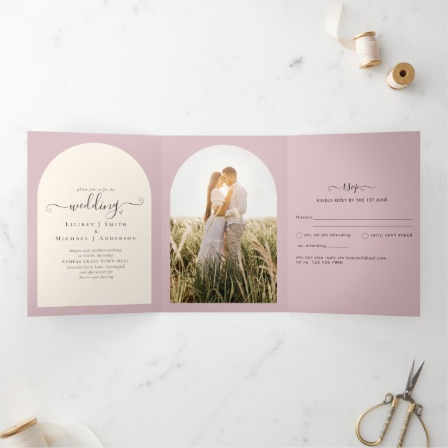 All-in-1 Dusty Rose Wedding RSVP Program PHOTO Tri-Fold Invitation (Inside)