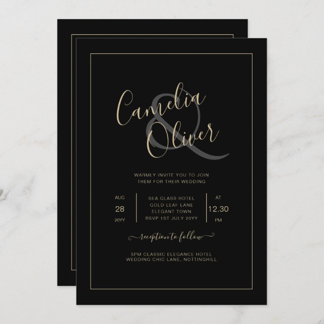 All-in-1 Elegant Classic Black GOLD Text Wedding Invitation (Front/Back)