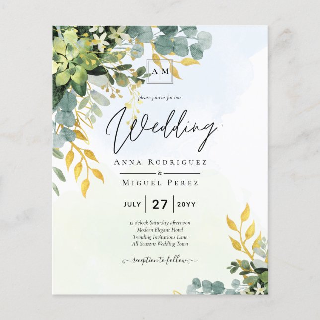 All-in-1 Greenery Gold Eucalyptus Leaves Wedding Flyer (Front)