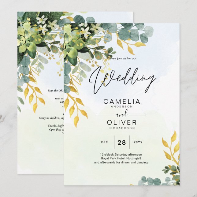 All-in-1 Greenery Gold Eucalyptus Leaves Wedding Invitation (Front/Back)