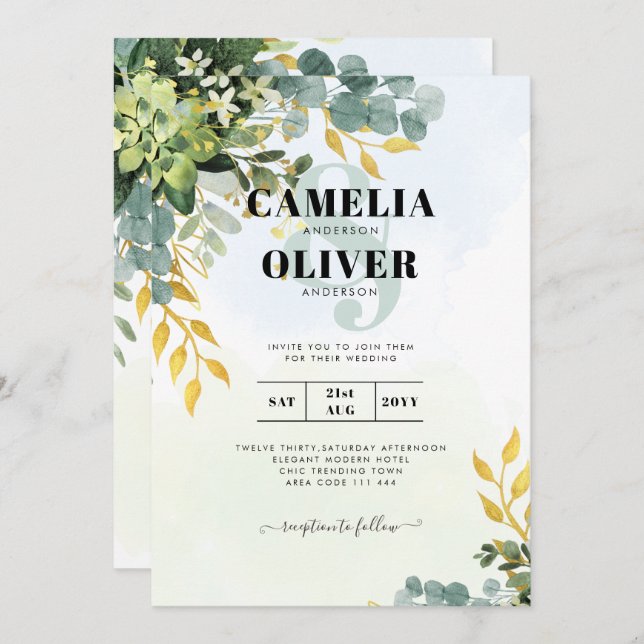 All-in-1 Greenery Gold Eucalyptus Leaves Wedding Invitation (Front/Back)