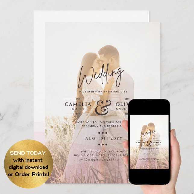 All-in-1 Pink Ombre Photo Overlay Wedding QR Code Invitation (Creator Uploaded)