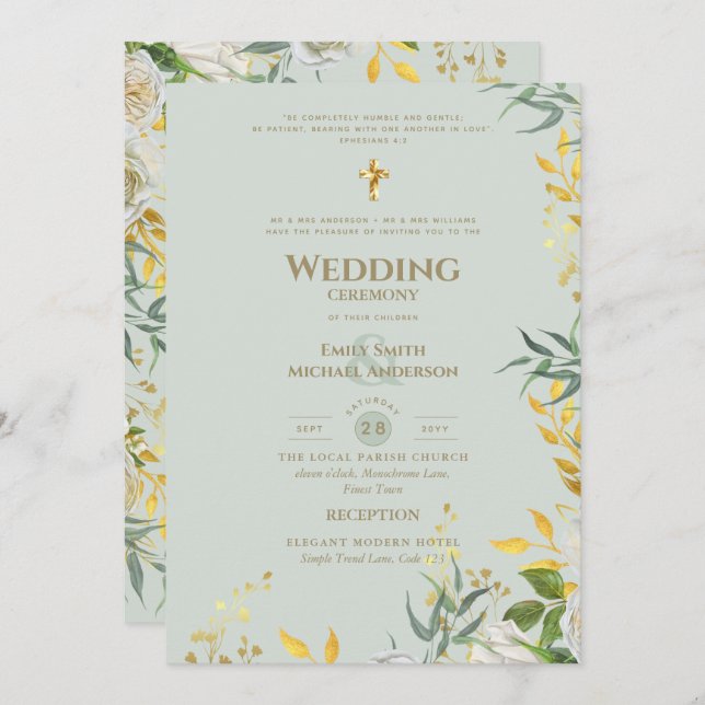 All-in-1 Sage Gold Greenery Catholic Wedding Invitation (Front/Back)
