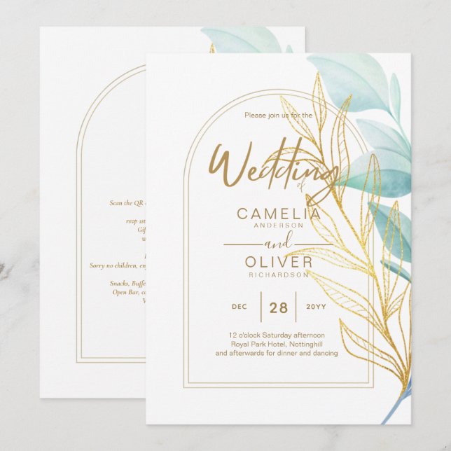 All-in-1 Sea Glass Aqua Green Gold Leaves Wedding  Invitation (Front/Back)