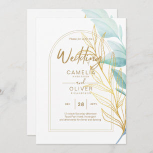 All-in-1 Sea Glass Aqua Green Gold Leaves Wedding  Invitation