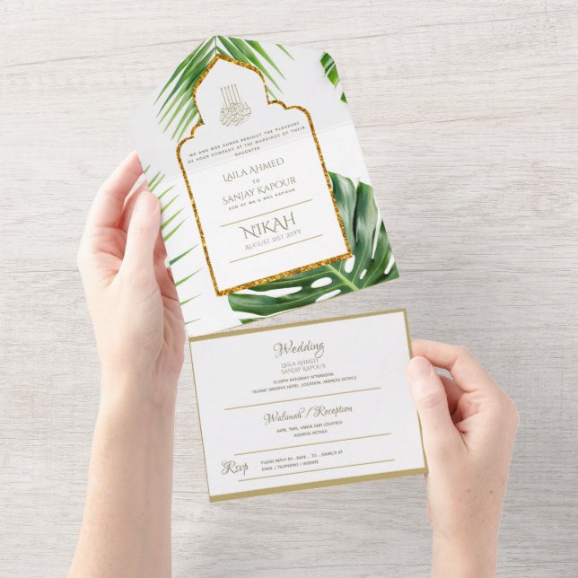 All-in-1 WEDDING NIKAH WALLIMAH Gold Tropical  All All In One Invitation (Tearaway)