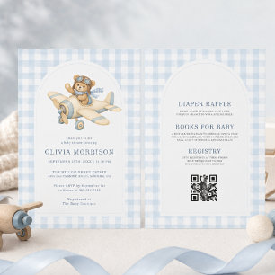 All in One Aeroplane Bear Gingham Boy Baby Shower Invitation