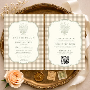 All in One Baby in Bloom Beige Gingham Baby Shower Invitation