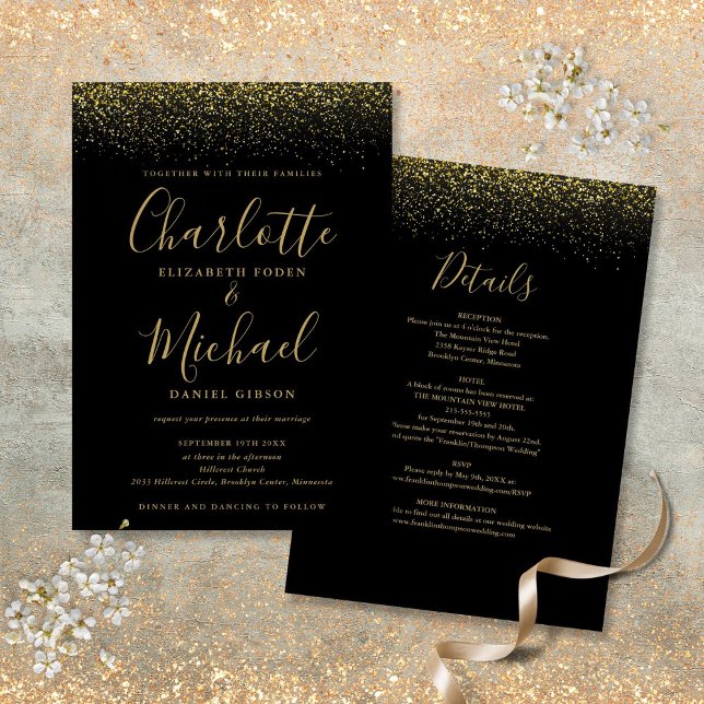 All In One Black And Gold Glitter Script Wedding Invitation (All In One Black And Gold Glitter Script Wedding Invitation)