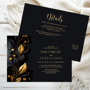 All in One Black and Gold Leaves Wedding Invitation