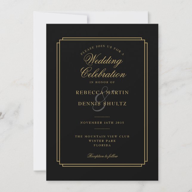 All In One Black and Gold Script Art Deco Wedding Invitation (Front)