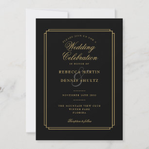 All In One Black and Gold Script Art Deco Wedding Invitation