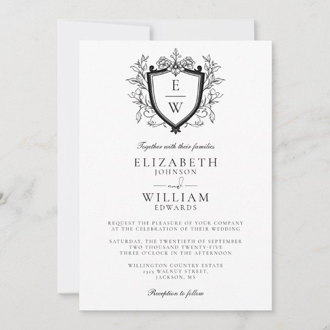 All In One Black And White Crest Monogram Wedding Invitation (Front)