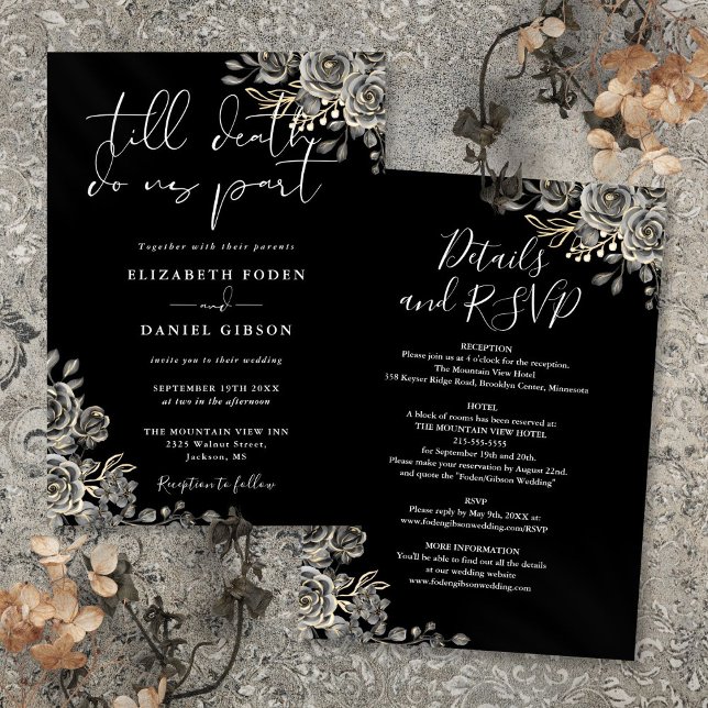 All In One Black And White Gothic Floral Wedding Invitation (All In One Black And White Gothic Floral Wedding Invitation)