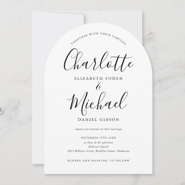 All In One Black And White Script Arch Wedding Invitation (Front)