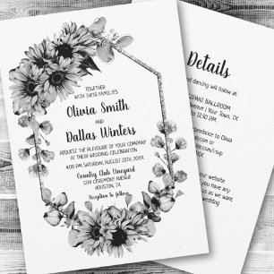 All In One Black and White Sunflower Wedding Invitation