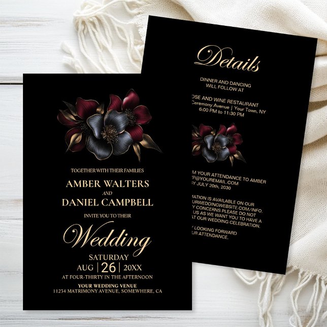All in One Black Burgundy Grey Floral Wedding Invitation (Creator Uploaded)