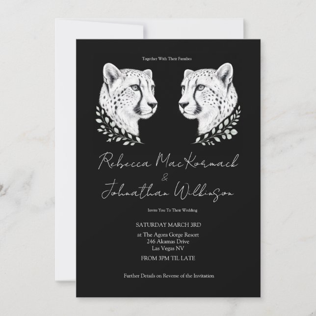 All In One Black Cheetah Classic Script Wedding Invitation (Front)