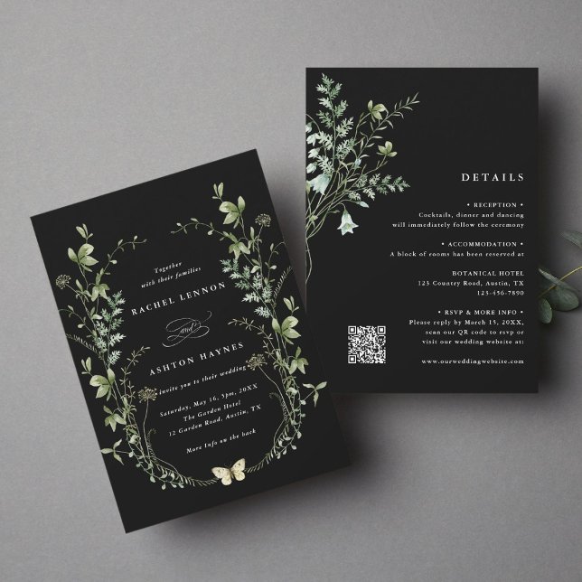 All In One Black Elegant Wildflower Wedding  Invitation (Creator Uploaded)