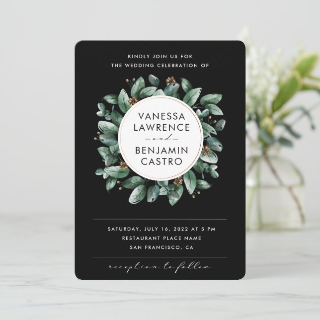 All in One Black Eucalyptus Greenery Rsvp Wedding Invitation (Standing Front)