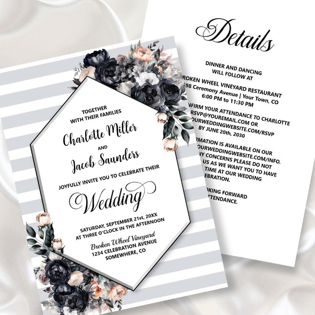 All In One Black Floral Geometric Striped Wedding Invitation (Creator Uploaded)