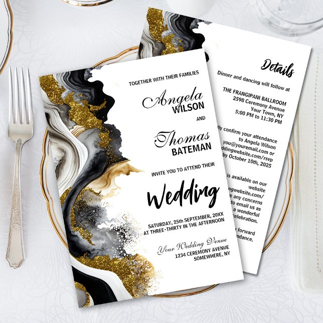 All In One Black Gold Agate Marble Wedding Invitation (Creator Uploaded)